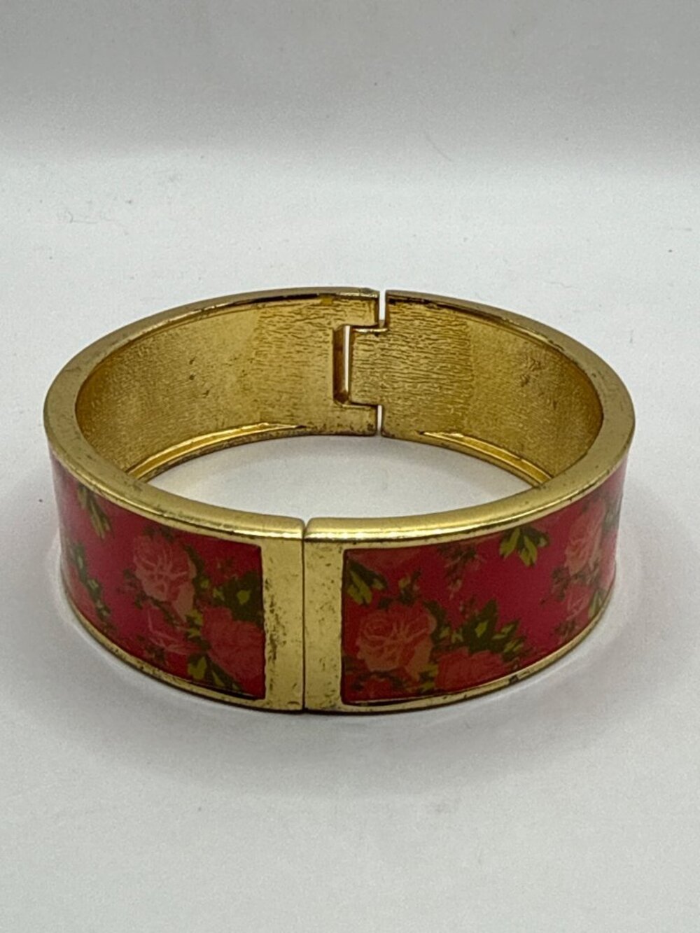 Vintage Gold Floral Hinged Bangle Bracelet Coquette Cottagecore Red